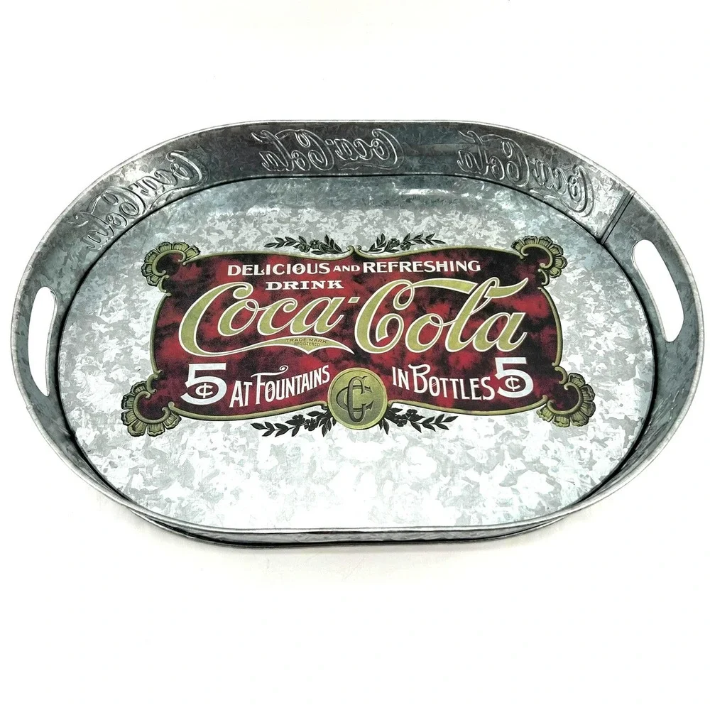 Coca-Cola Galvanized Metal Oval Serving Tray Red Logo Silver 15.5 Inch 66811